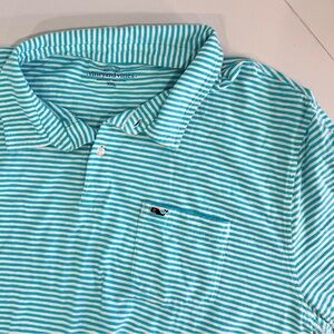 Men’s Vineyard Vines Teal White Striped Cotton Pocket Polo Nautical Preppy XXL